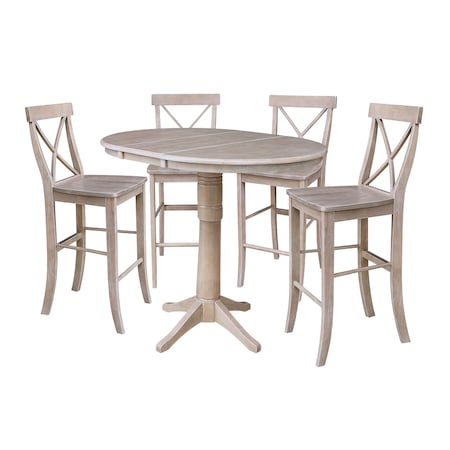 International Concepts Round 36 in Rd Extension Dining Table, 4 Bar Ht Stools, Gray Taupe, 36 in W, 48 in L, 40.9 in H K09-36RXT-27B-6133-4